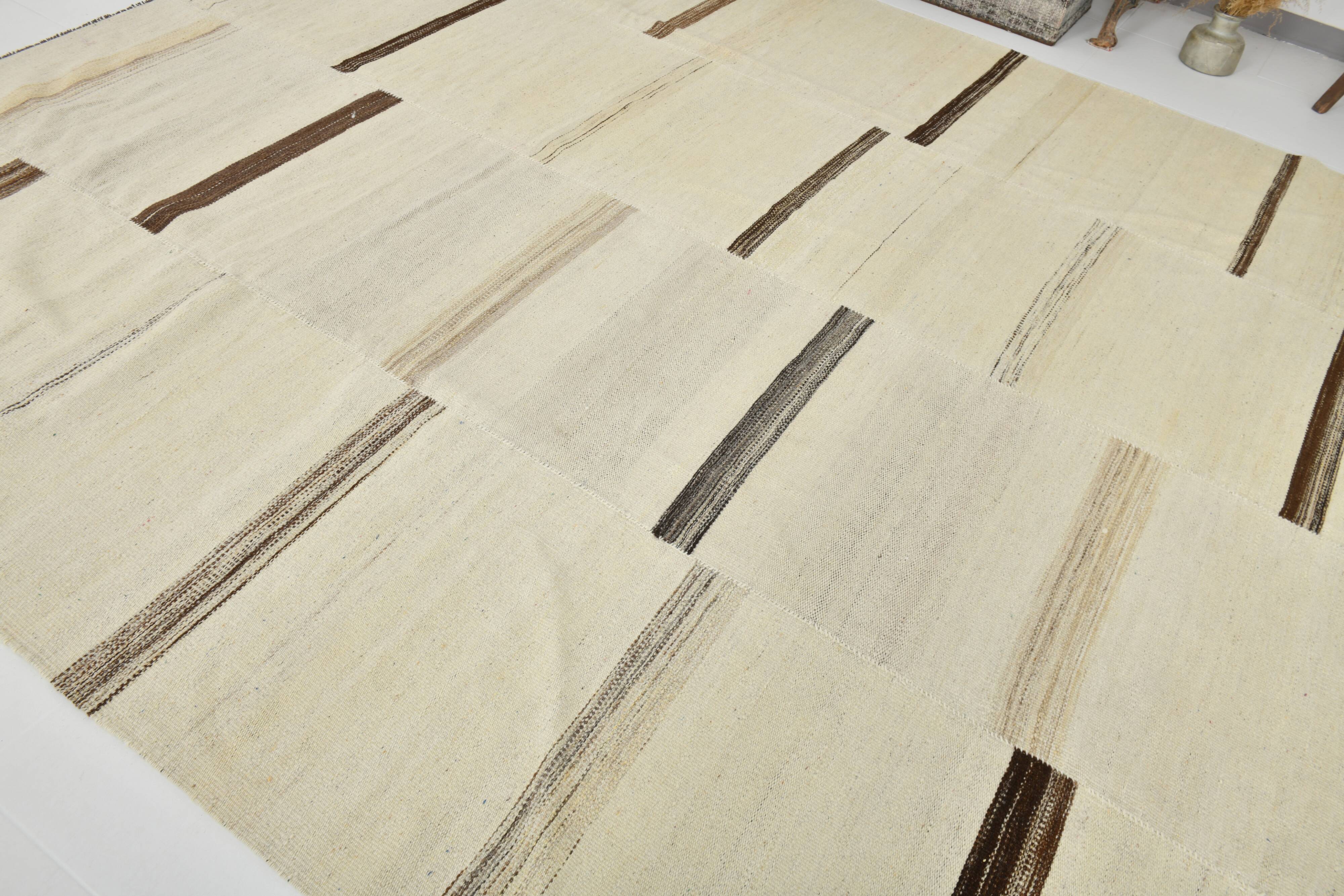 9x11 Cream & Brown Striped Large Kilim Rug, 265x334Cm