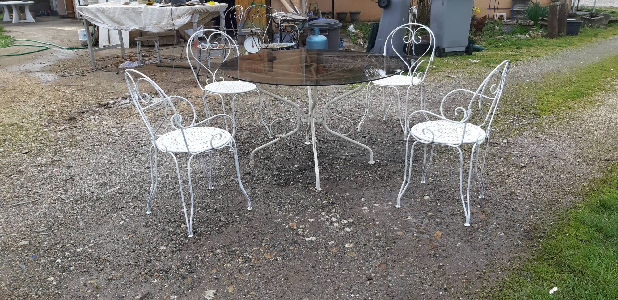 Garden furniture wrought iron and smoked glass 1900