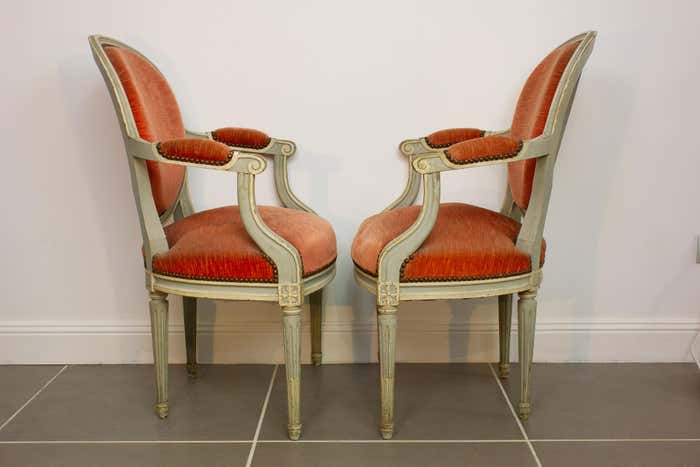 Pair of Louis XVI style medallion armchairs in orange velvet - circa 1950