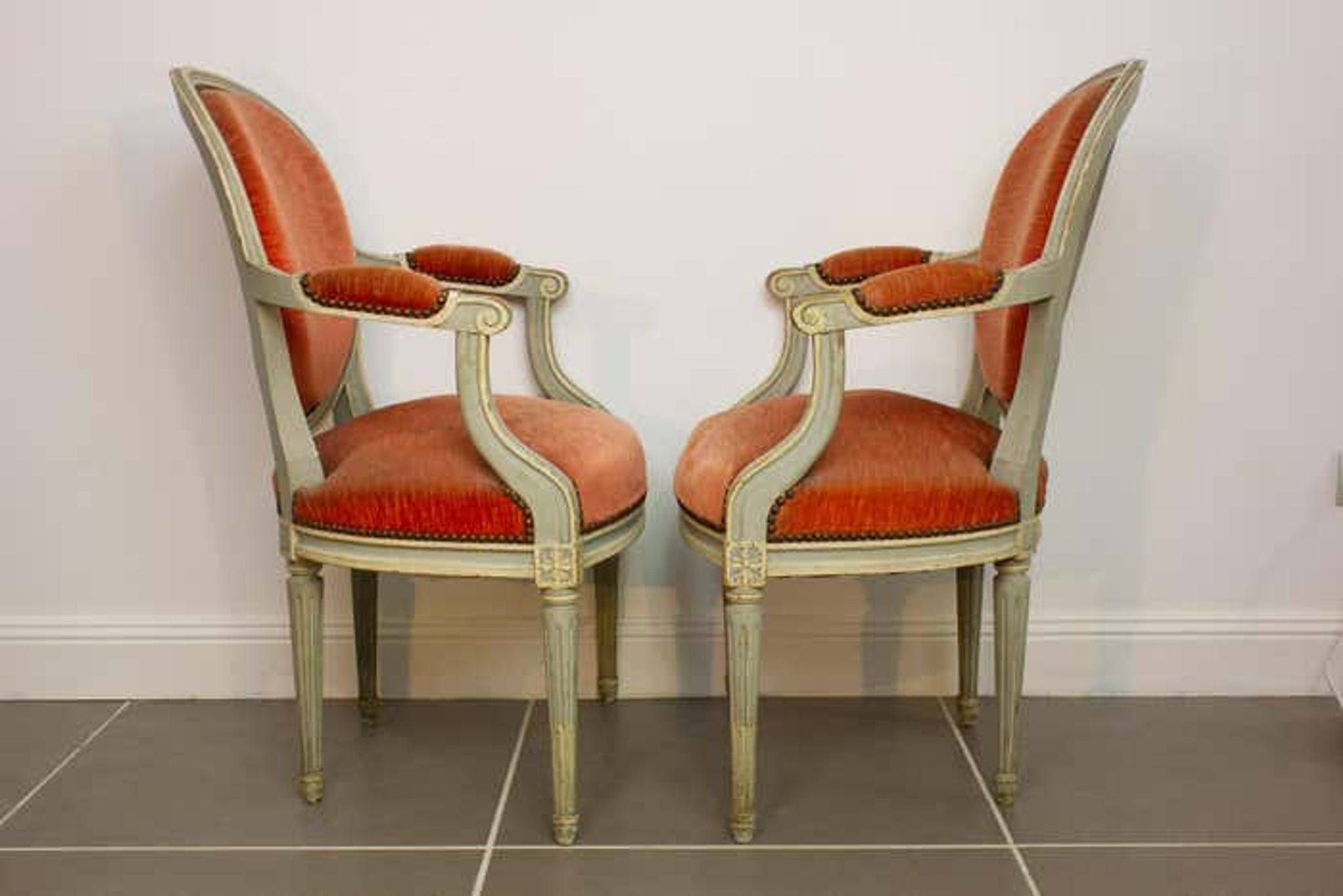 Pair of Louis XVI style medallion armchairs in orange velvet - circa 1950