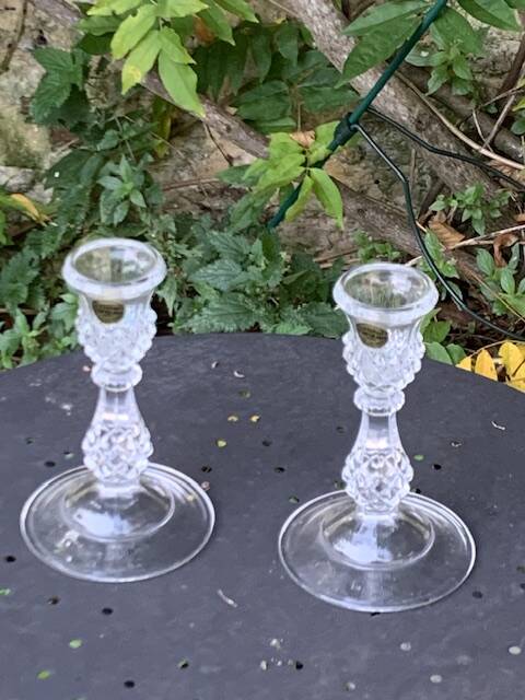 Pair of crystal candlesticks, darques crystal, diamond pattern, vintage Original label