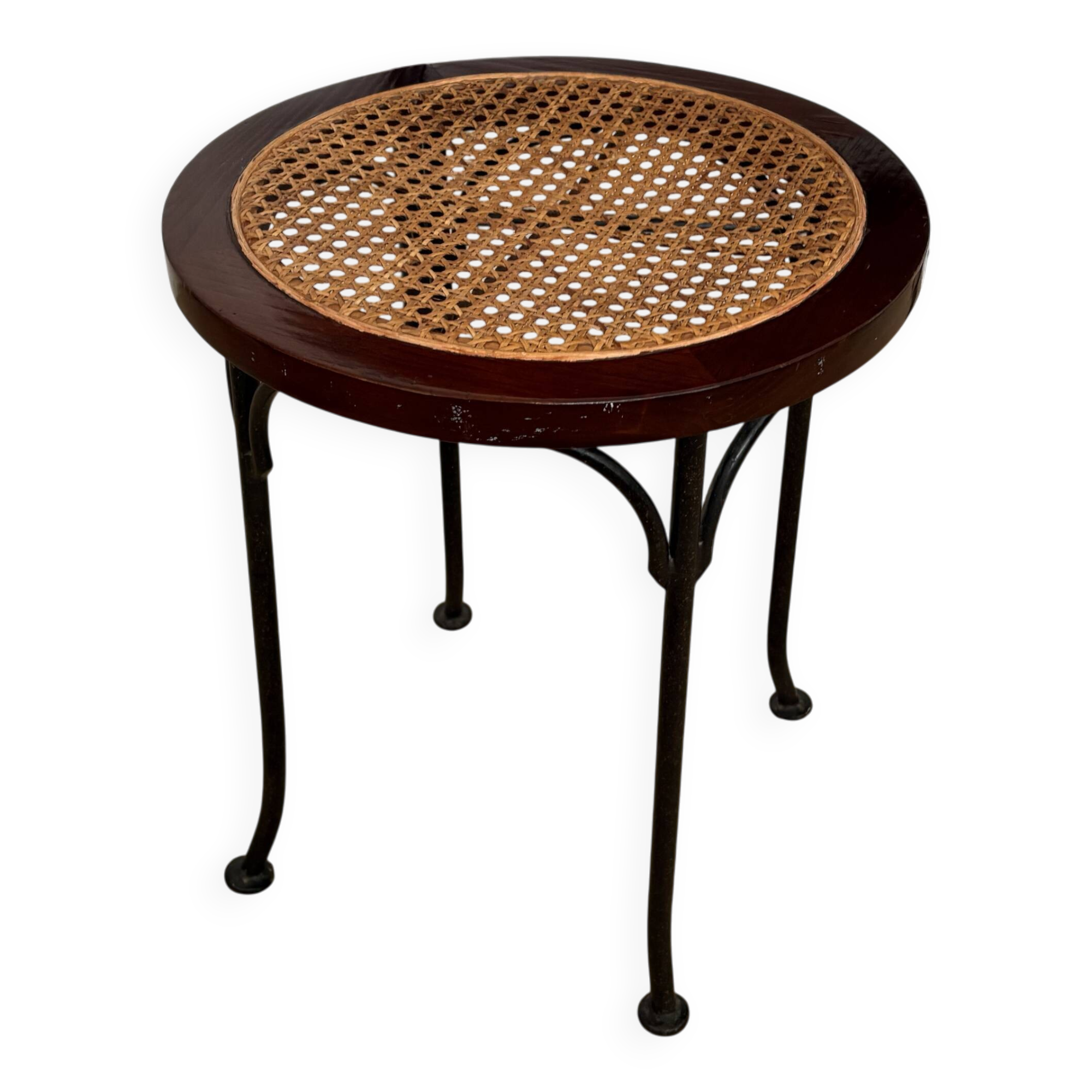 Tabouret canné Grange en fer forgé et bois massif