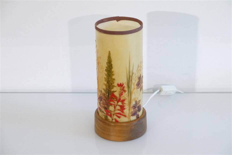 Scandinavian lamp in wood and resin with floral decor 1960