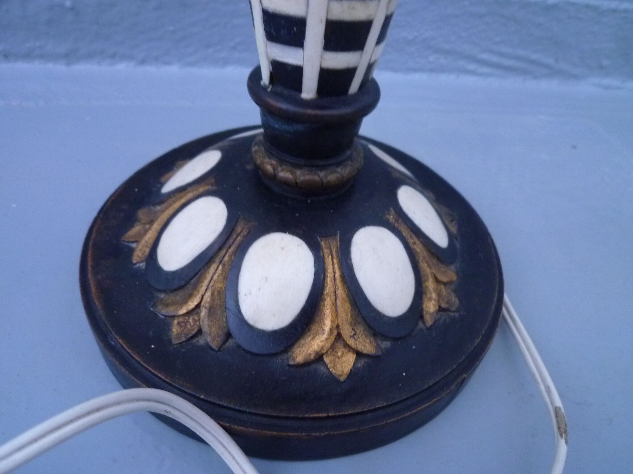 Old wooden table lamp with inlays