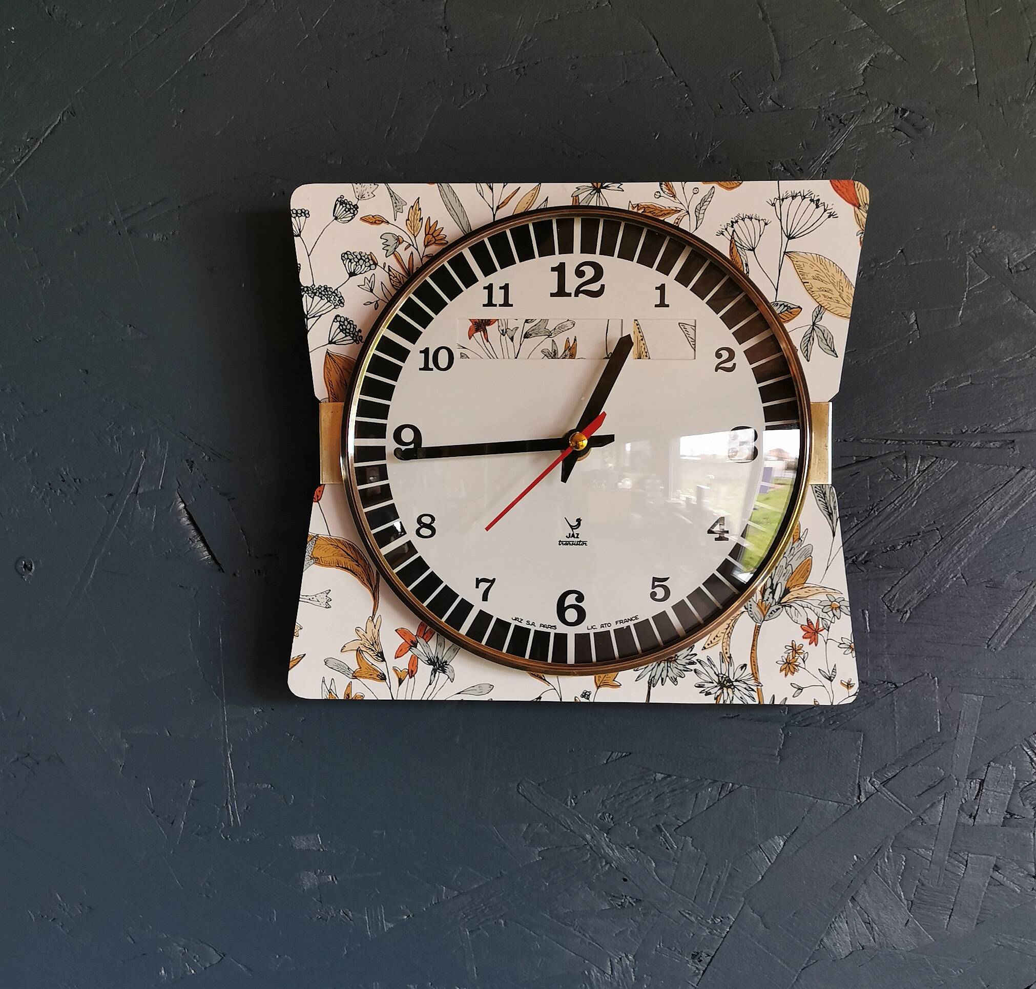 Vintage formica clock silent wall pendulum 60s "Jaz flowers"