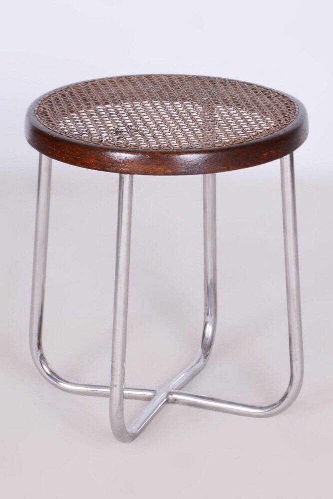 Bauhaus Stool in Chrome & Rattan attributed to Robert Slezák, Czech, 1930s