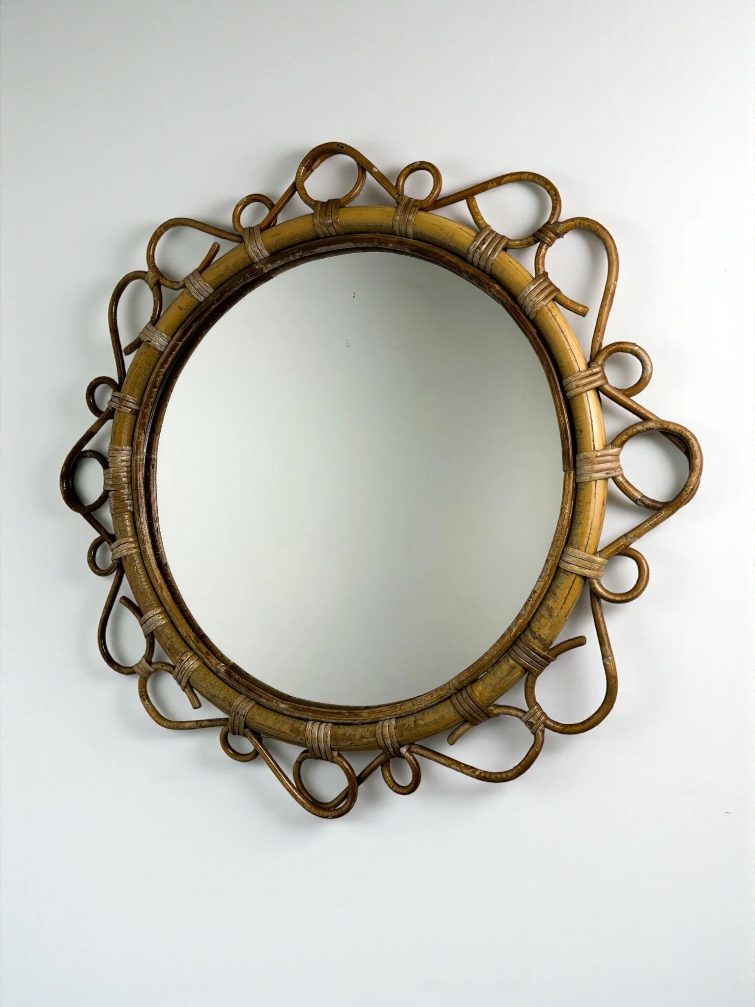 Spanish rattan bamboo oval mirror, 1960s