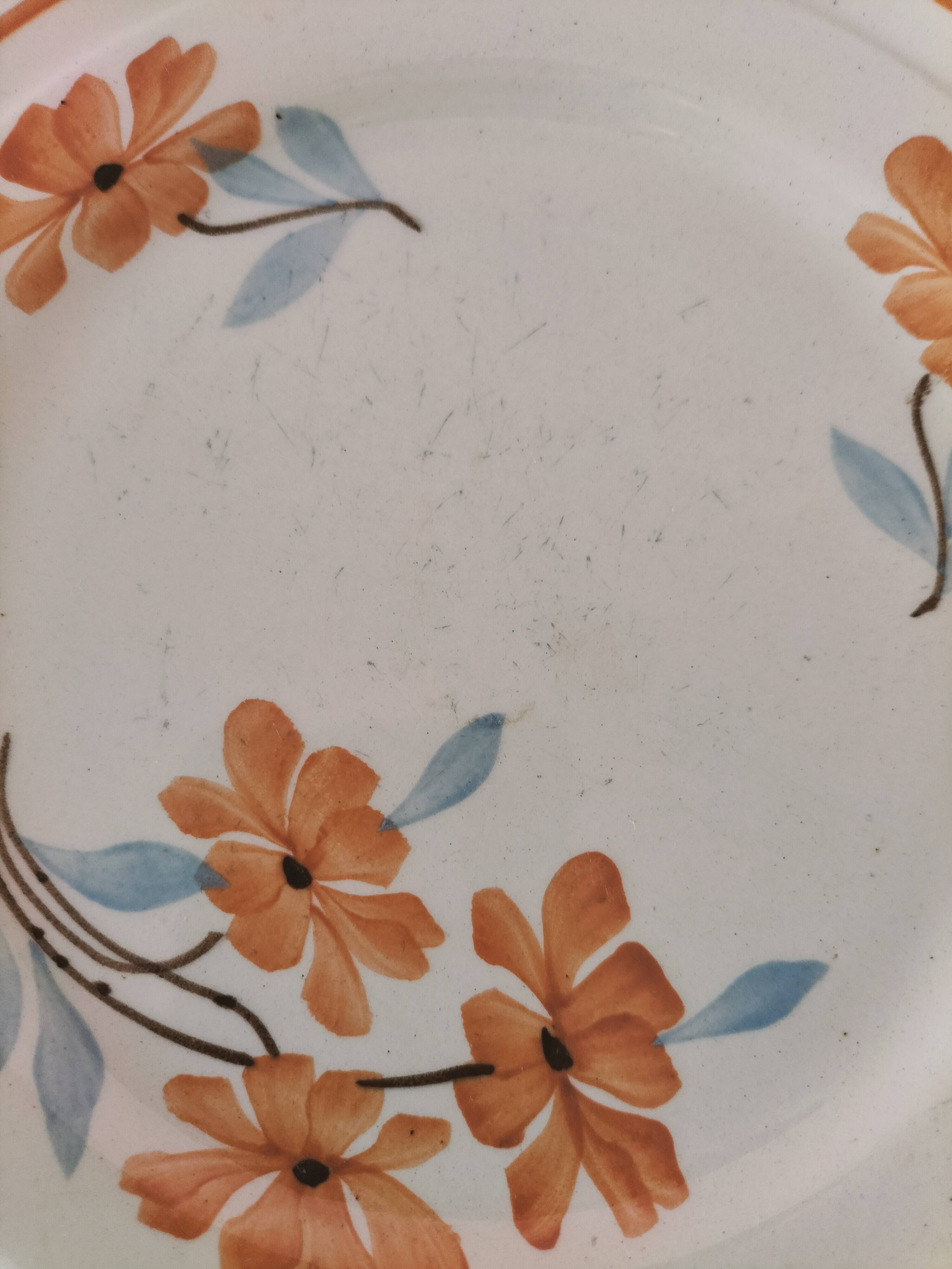 Set of 6 vintage orange and blue floral plates – 1950s