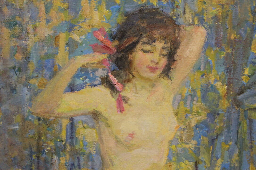 Oil on canvas young woman with a pink knot by riasnianski