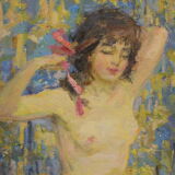 Oil on canvas young woman with a pink knot by riasnianski