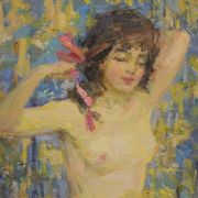 Oil on canvas young woman with a pink knot by riasnianski