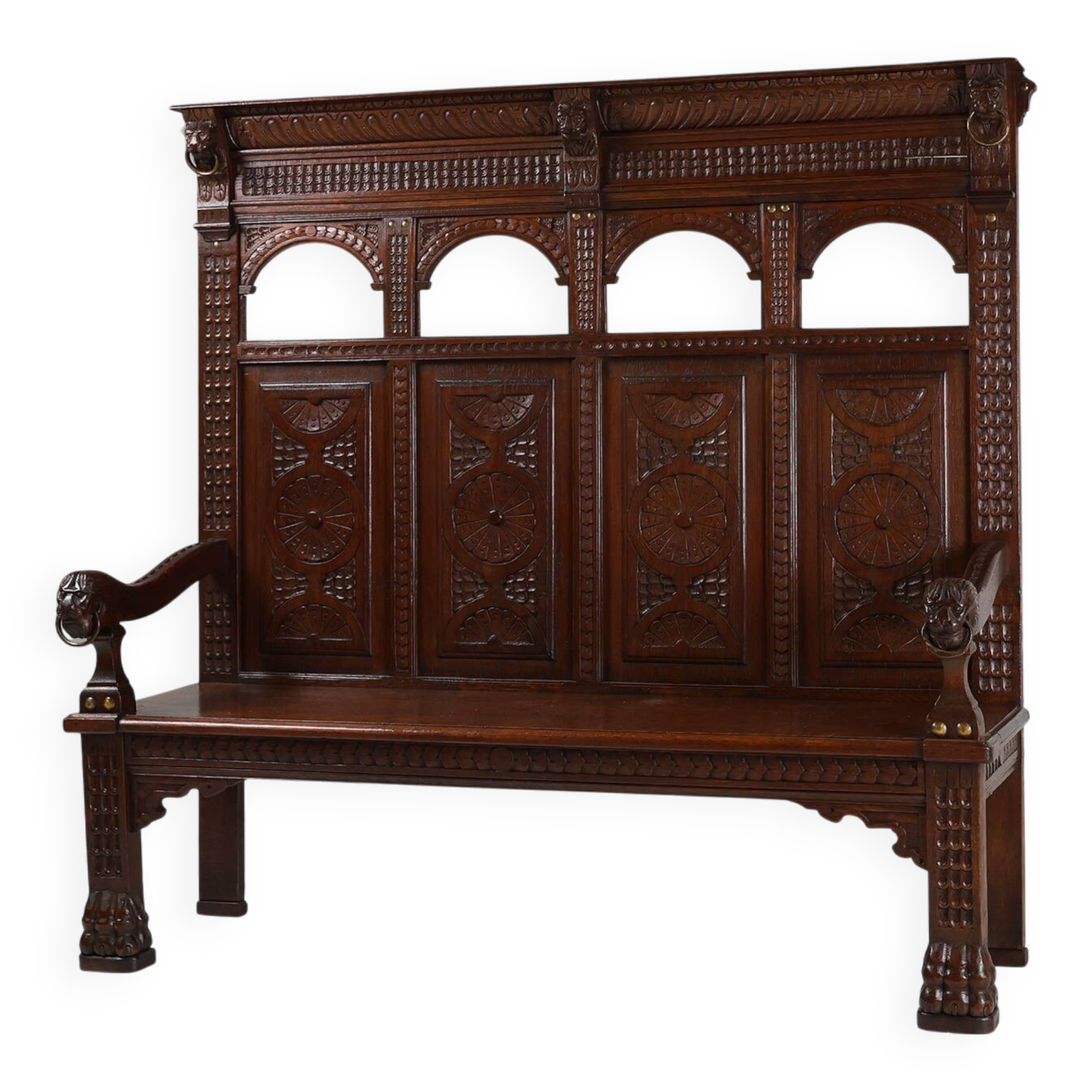Antique French 18th Century Gothic Style Oak Carved High Back Panel Settle
