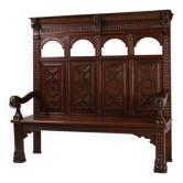 Antique French 18th Century Gothic Style Oak Carved High Back Panel Settle
