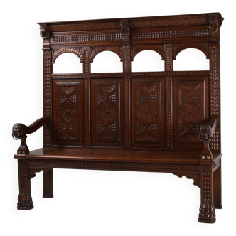 Antique French 18th Century Gothic Style Oak Carved High Back Panel Settle