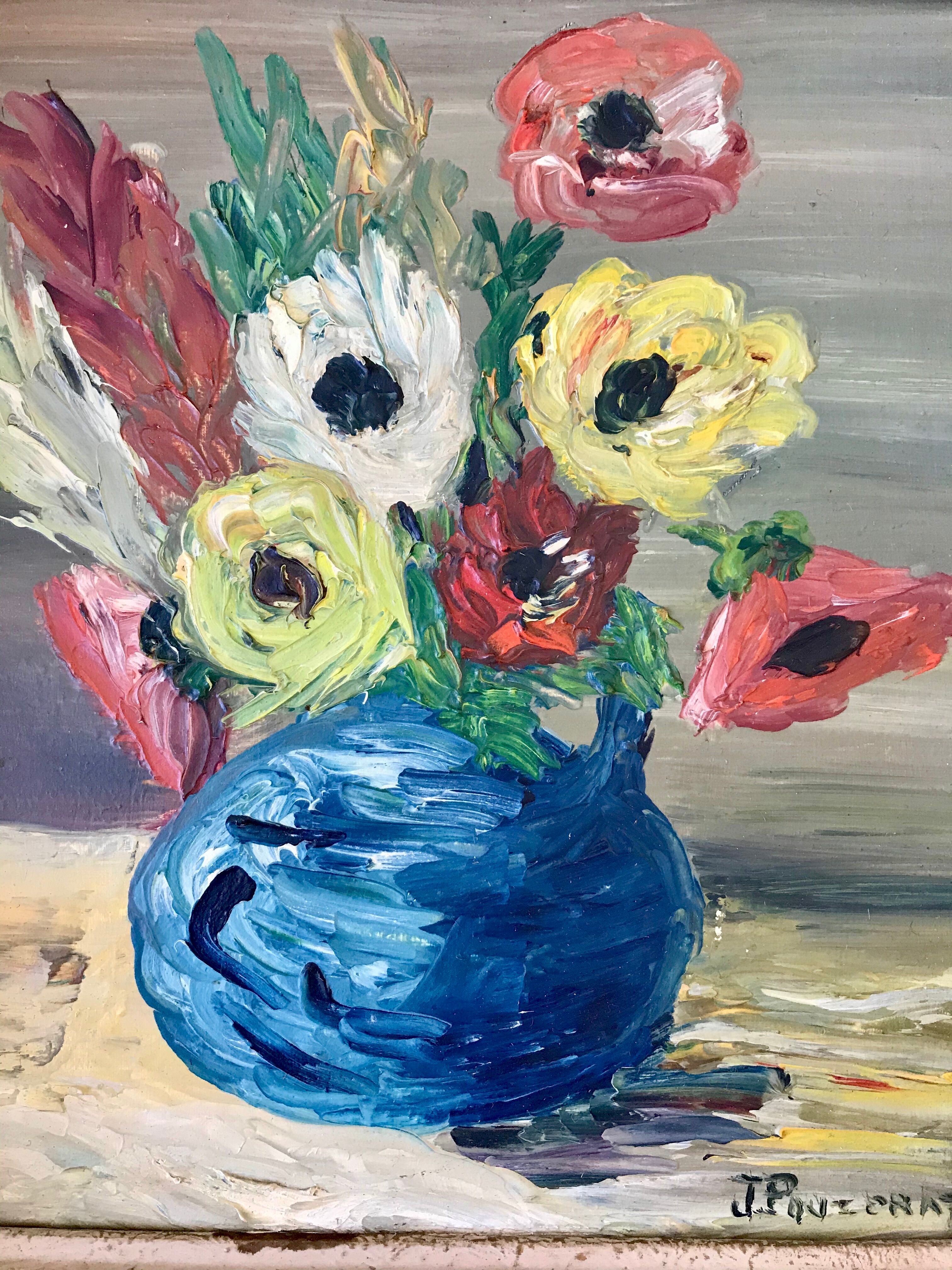Painting still life bouquet flowers framed 50s