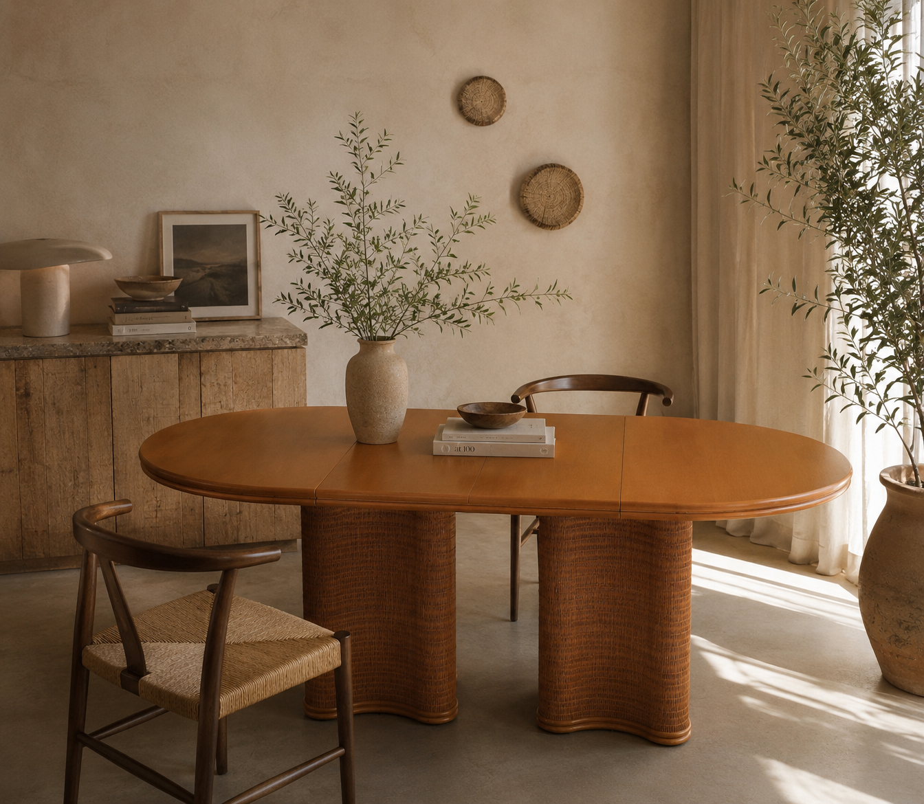 Oak/ratten table in the style of Vivai del Sud Italy, circa 1970.