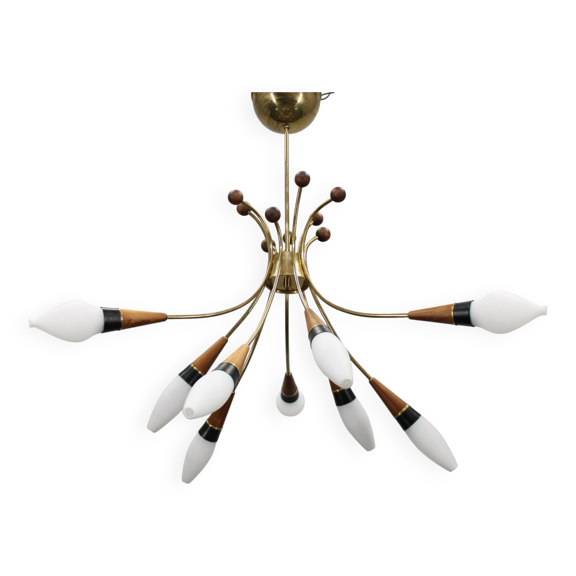 1960s Rupert Nikoll Brass and Teak Opaline Glass Chandelier, Austria