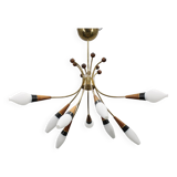 1960s Rupert Nikoll Brass and Teak Opaline Glass Chandelier, Austria