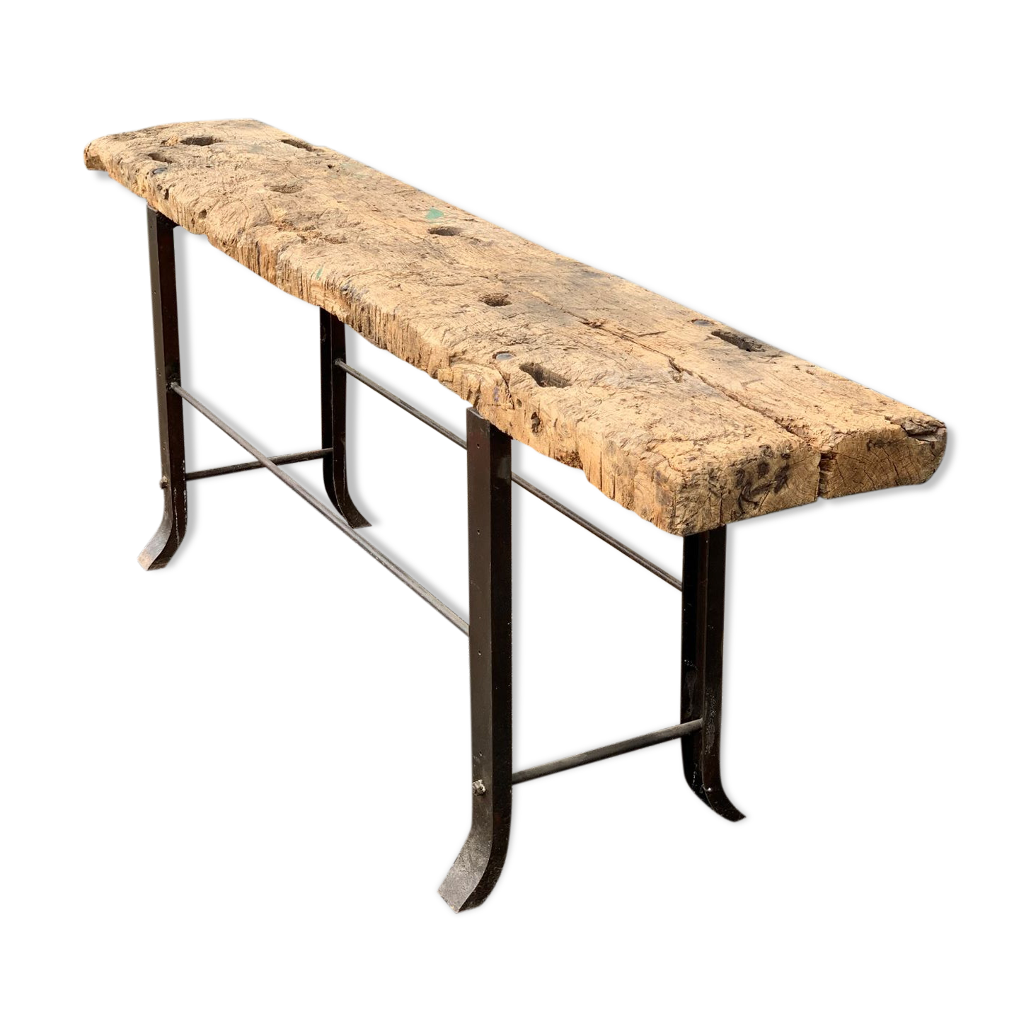 Console desserte "primitive" tray in oak steel frame