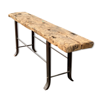 Console desserte "primitive" tray in oak steel frame