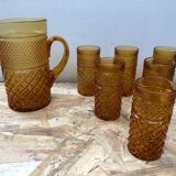 Service Ancien Jus Carafe + 6 Verres Verre Moulé Orange Géométrique Vintage