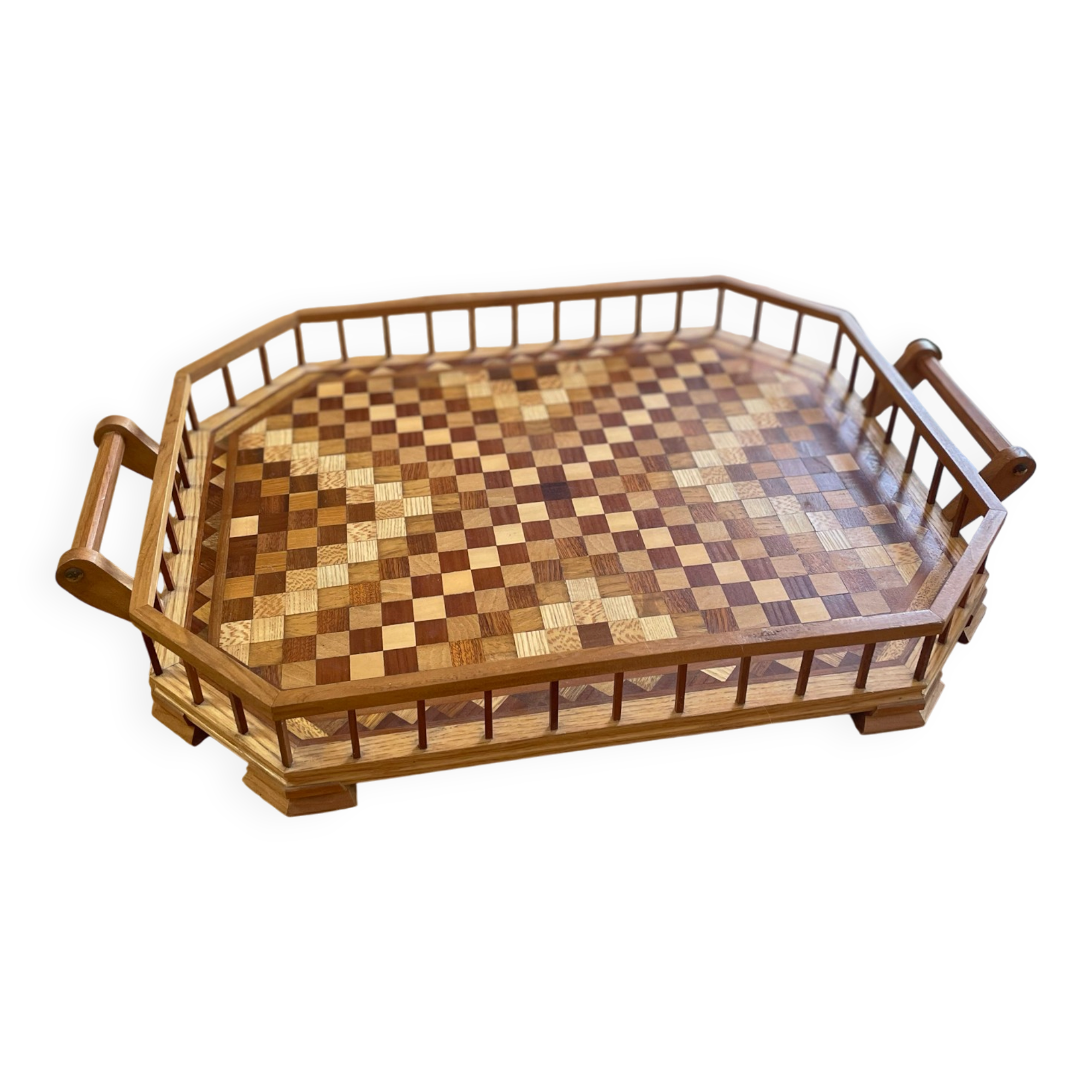 Large service tray in wood marquetry