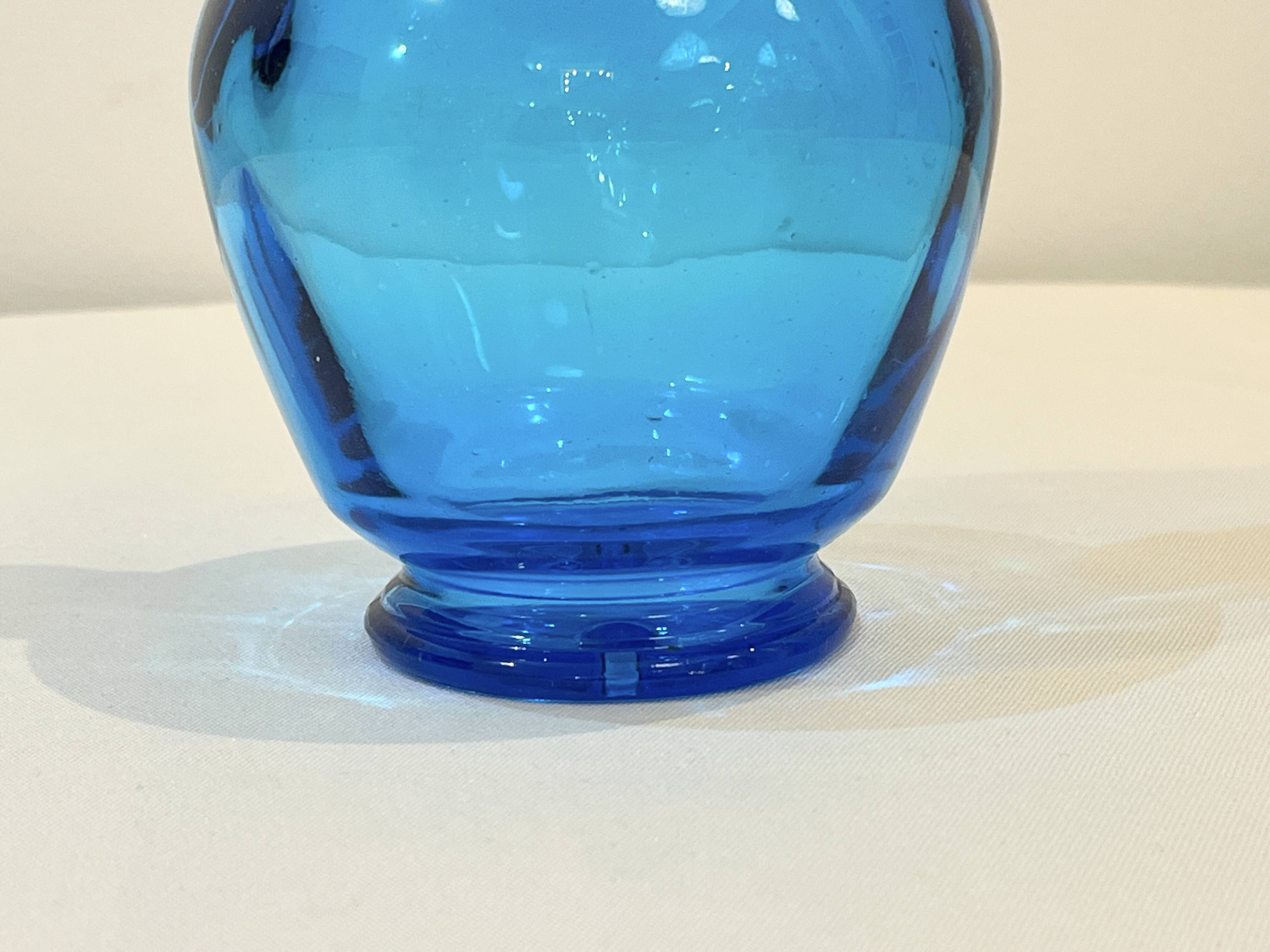 Vintage blue glass bottle Carafe with stopper Made in Belgium