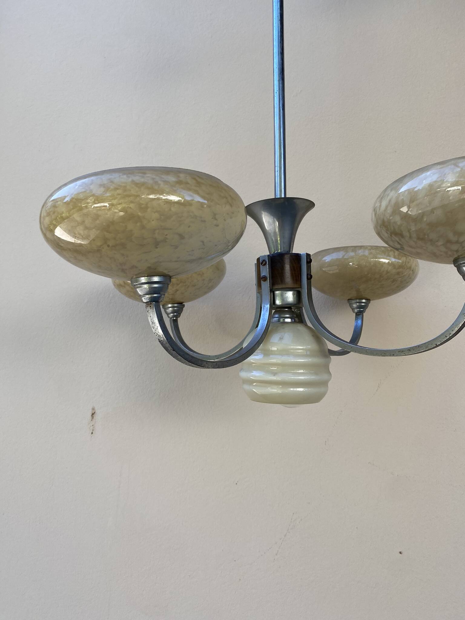 Art Deco opaline wood and metal chandelier