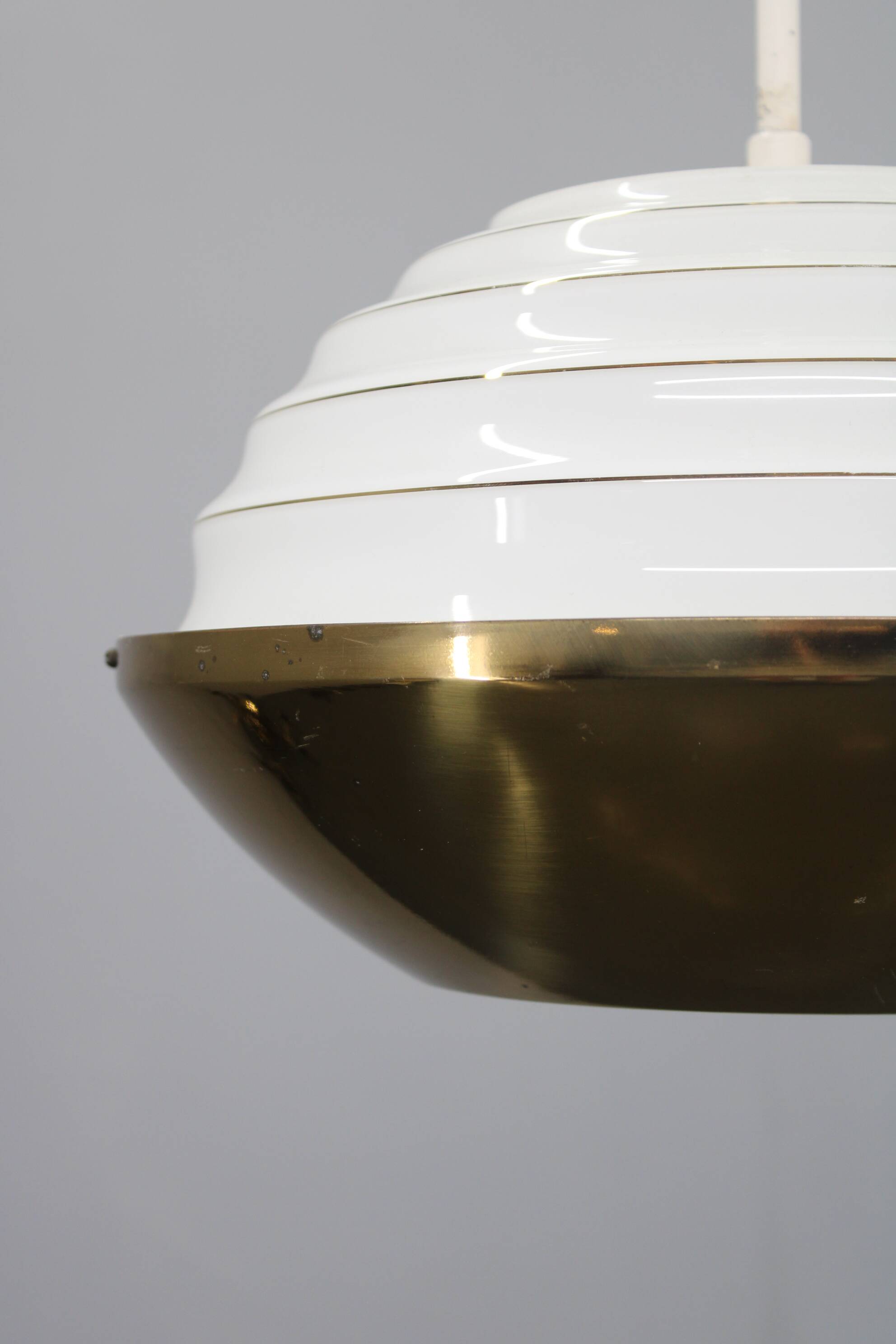 1950s Czechoslovak brass pendant with opaline glass diffuser