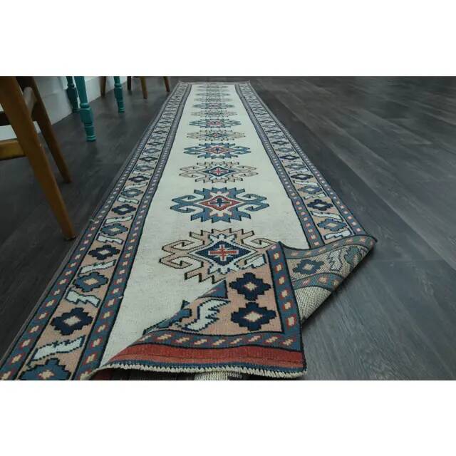 1970s Vintage Turkish Handmade Wool & Cotton Beige Runner Rug 84x402