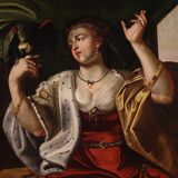 Tableau ancien du XVIIIe siècle, Dame au perroquet