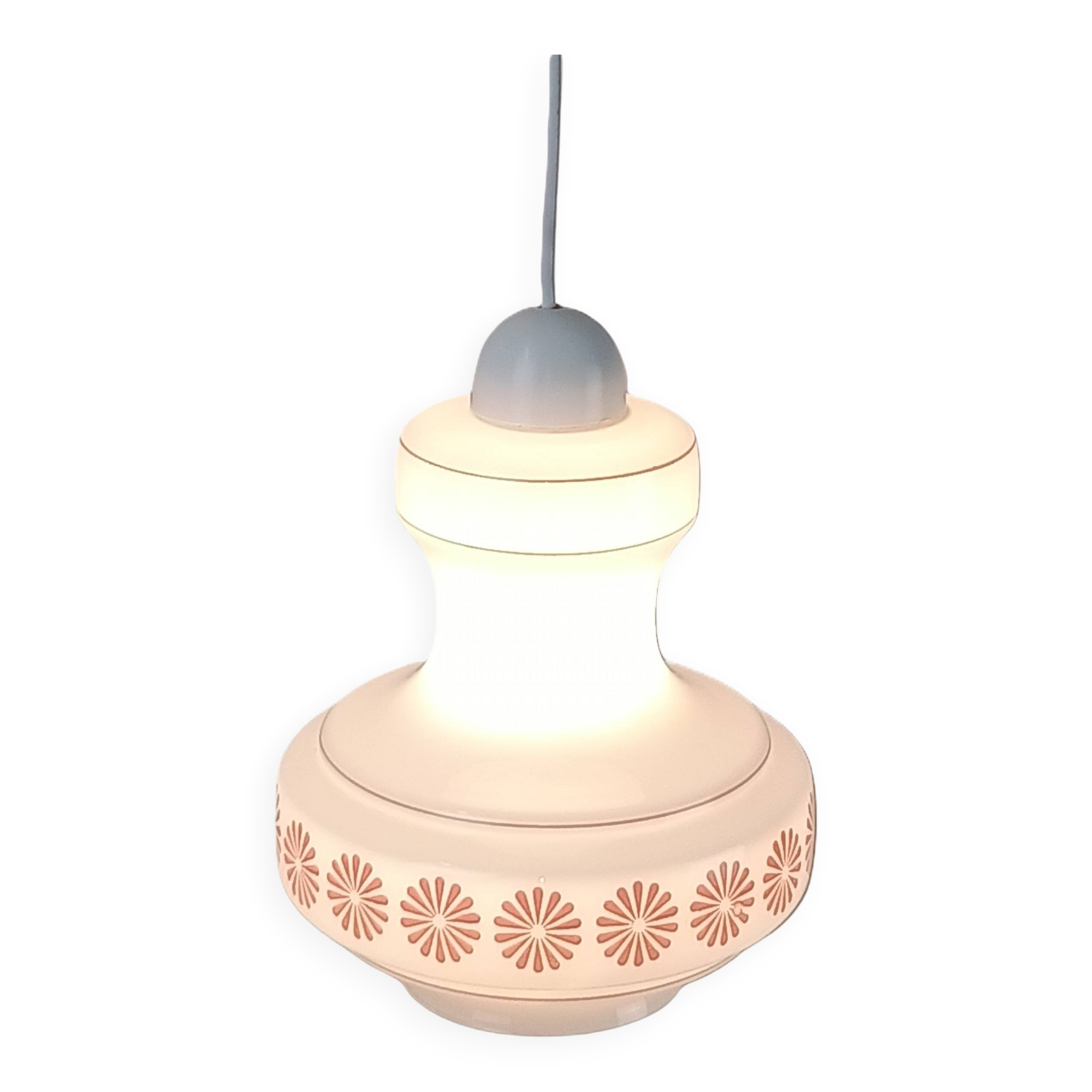 Vintage French pendant light in cream-white glass with pink flowers