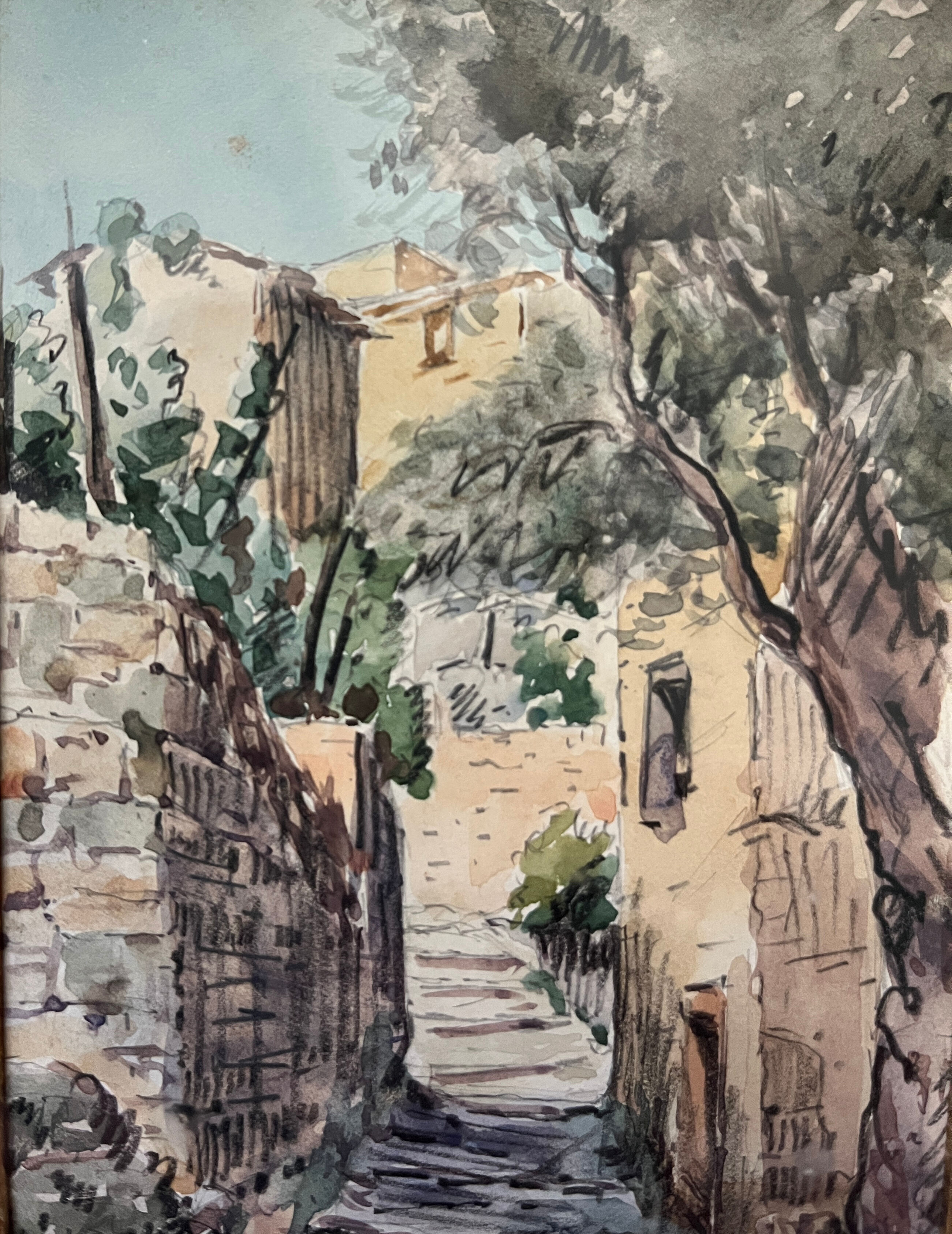 Watercolour painting by Jean Agron (born in 1867) Mediterranean alleyway