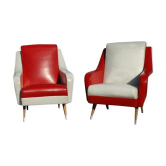 Fauteuils années 50 en skaï blanc et rouge