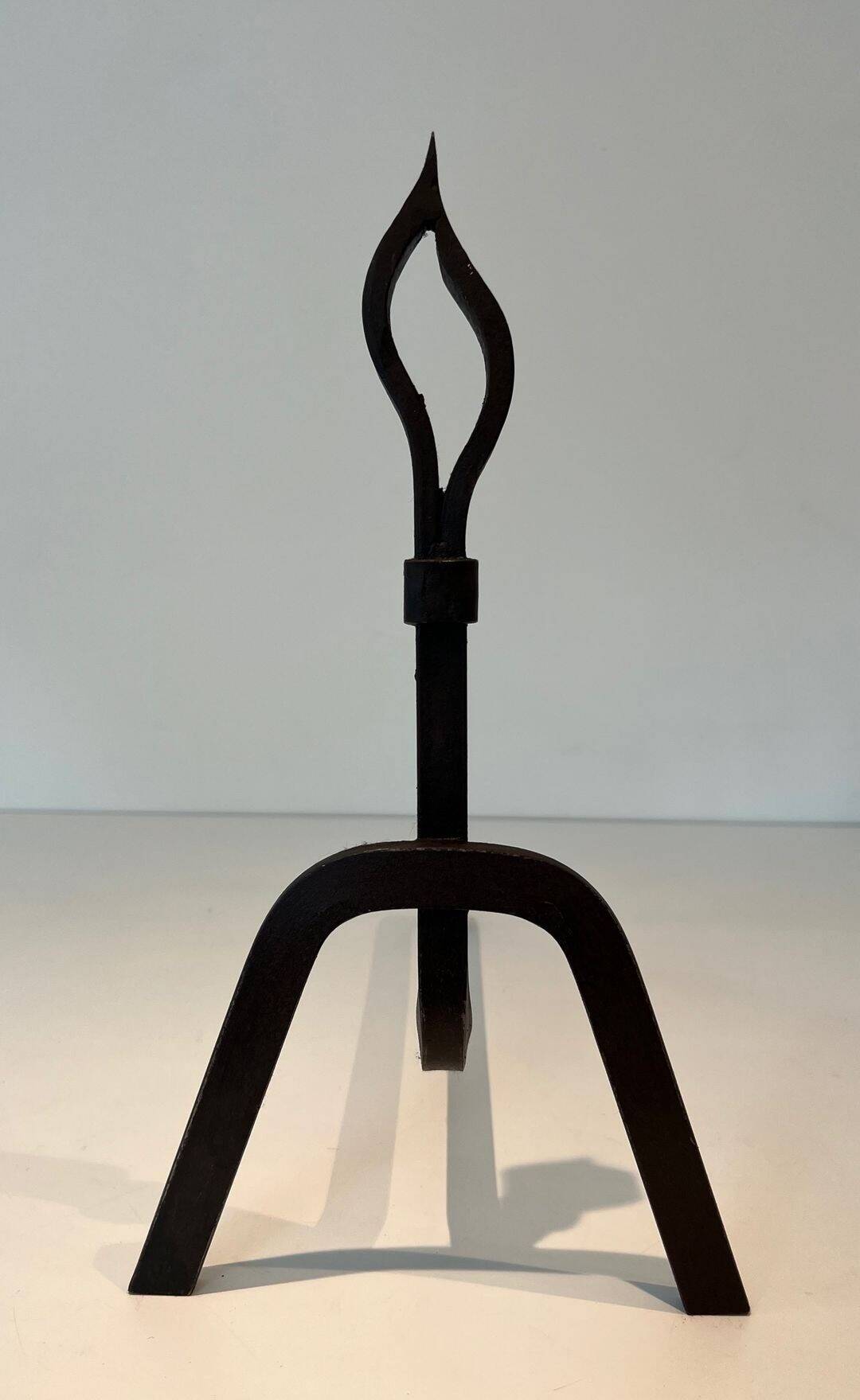 Pair of Modernist Andirons in Wrought Iron with Stylised Torches and Bases Ang