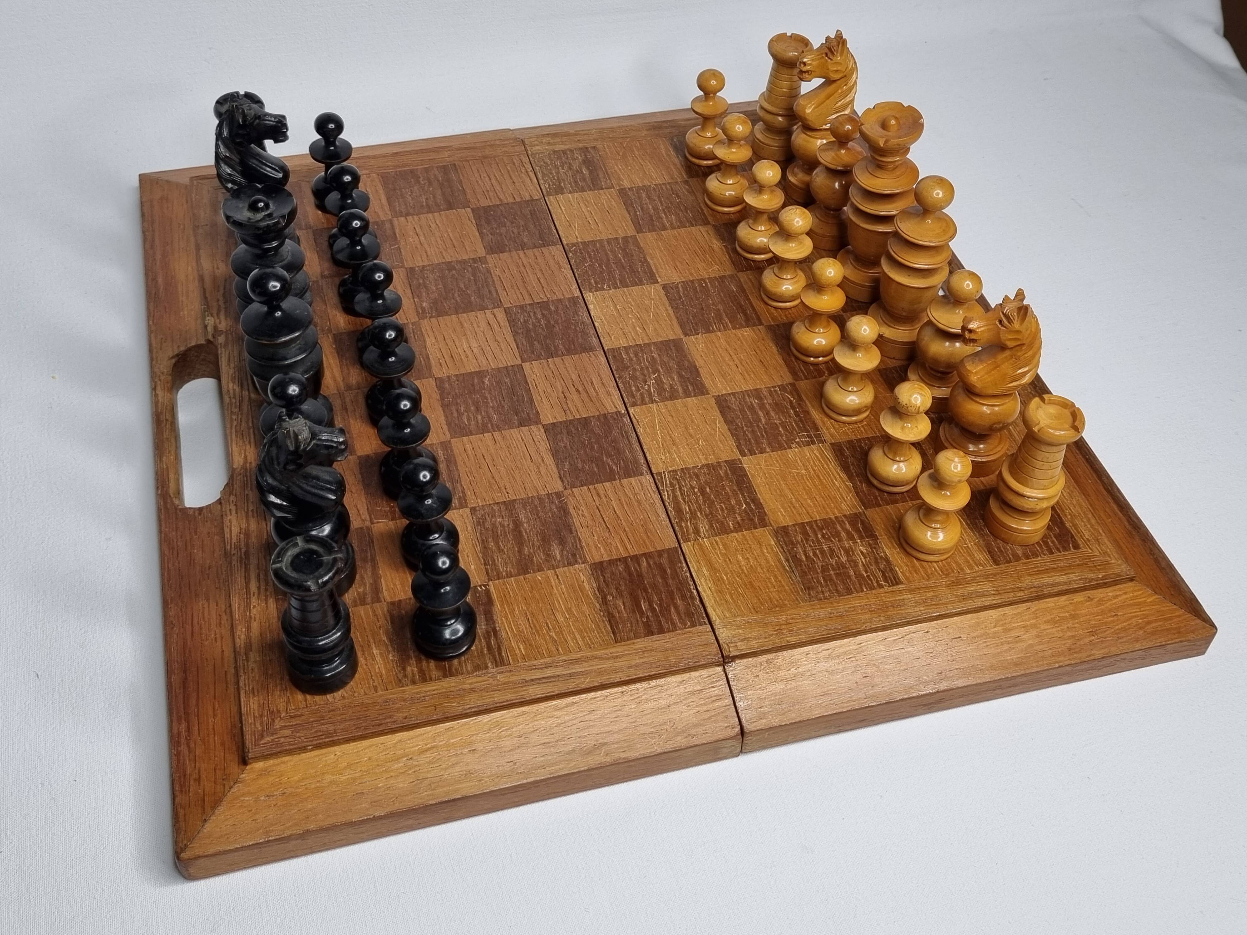Vintage Solid Wood Folding Chess Set, Regency Bistro Style, Carved Turned Wood Pieces