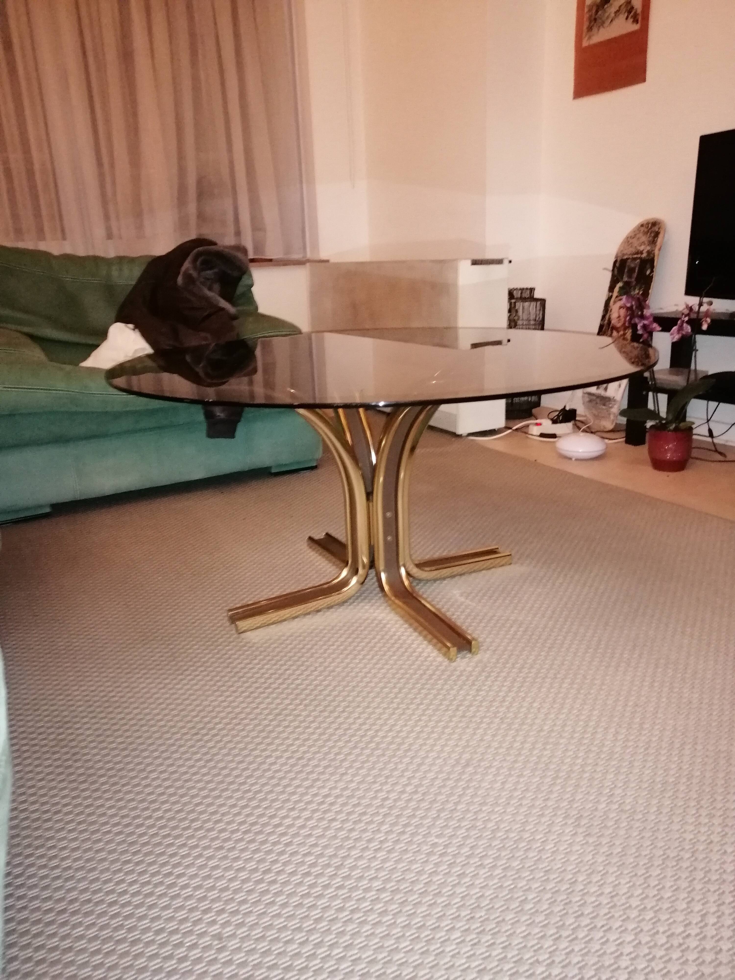 Coffee table in brass, brushed steel and glass top attributed to gastone rinaldi 1970 70s