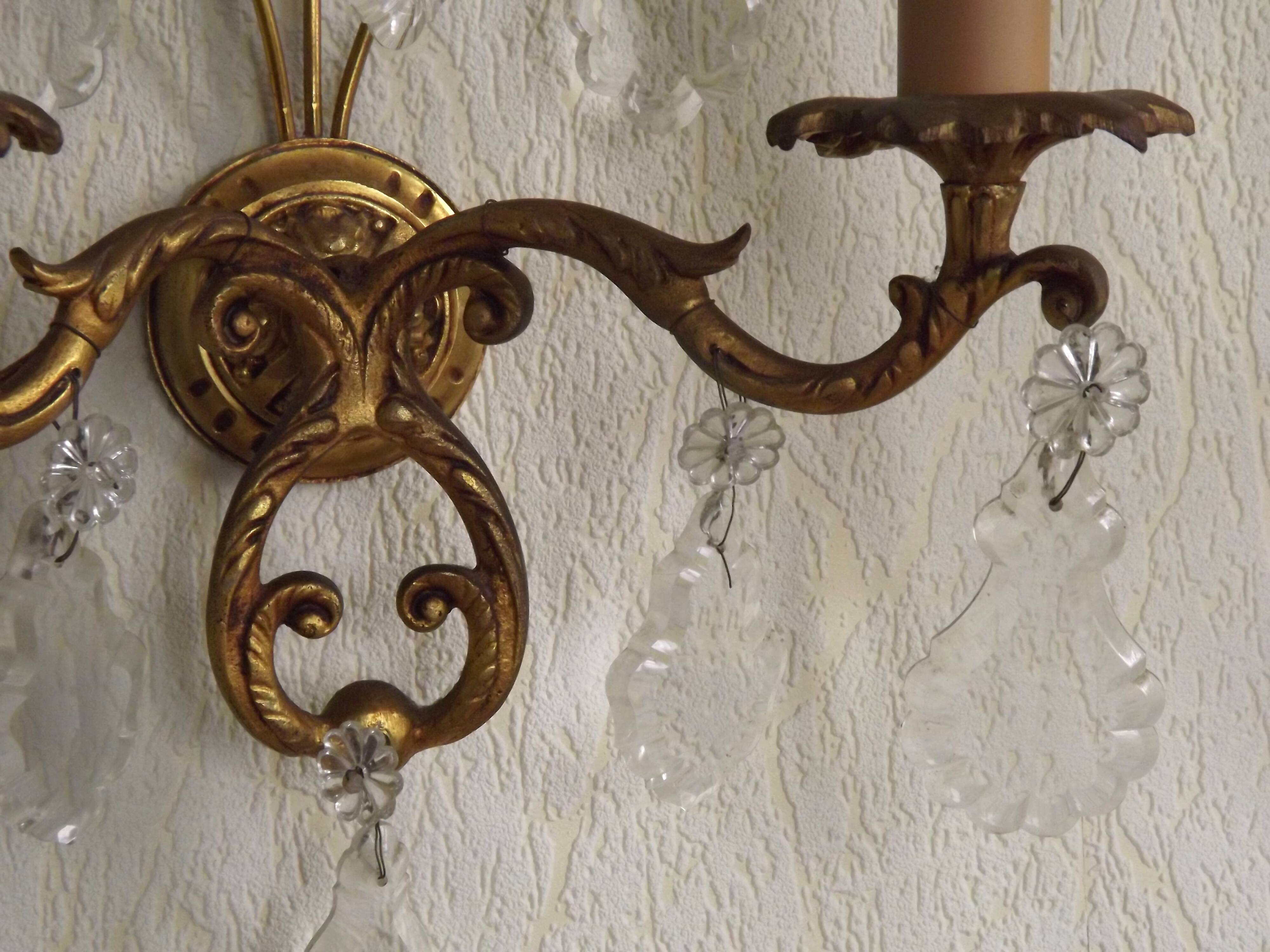 Pair of French Vintage Bronze Double Wall Lights Assorted Crystals 5331
