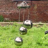 Space Age waterfall pendant light with 3 globes in chrome metal