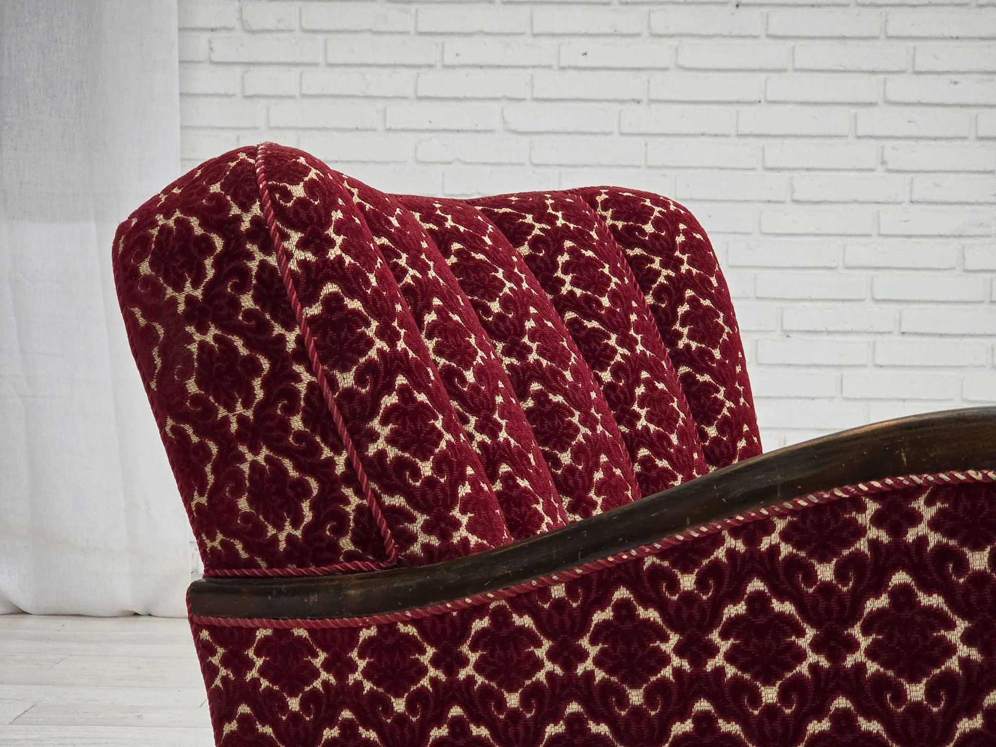 1960s, Danish armchair, cherry-red furniture velour, oak wood.