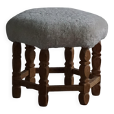 Tabouret hexagonal danois en chêne du milieu du siècle avec rembourrage en laine d'agneau shearling, 1950