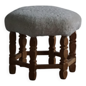 Mid-century Danish hexagonal oak stool with shearling lamb wool upholstery, 1950.