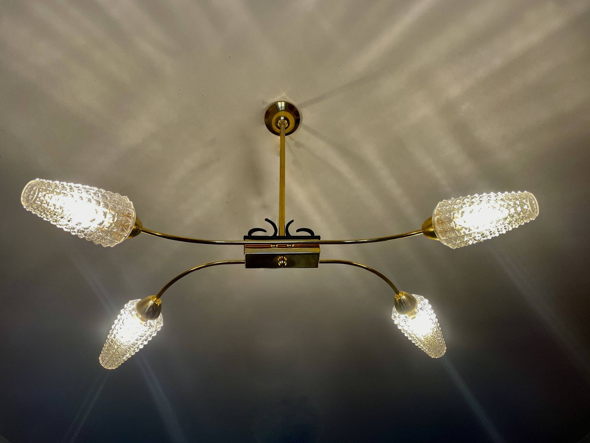 Golden brass chandelier with 4 tulips Arlus 1950