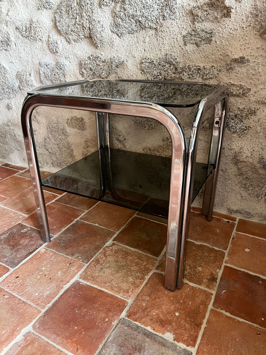 Chrome end table/side table and smoked glass