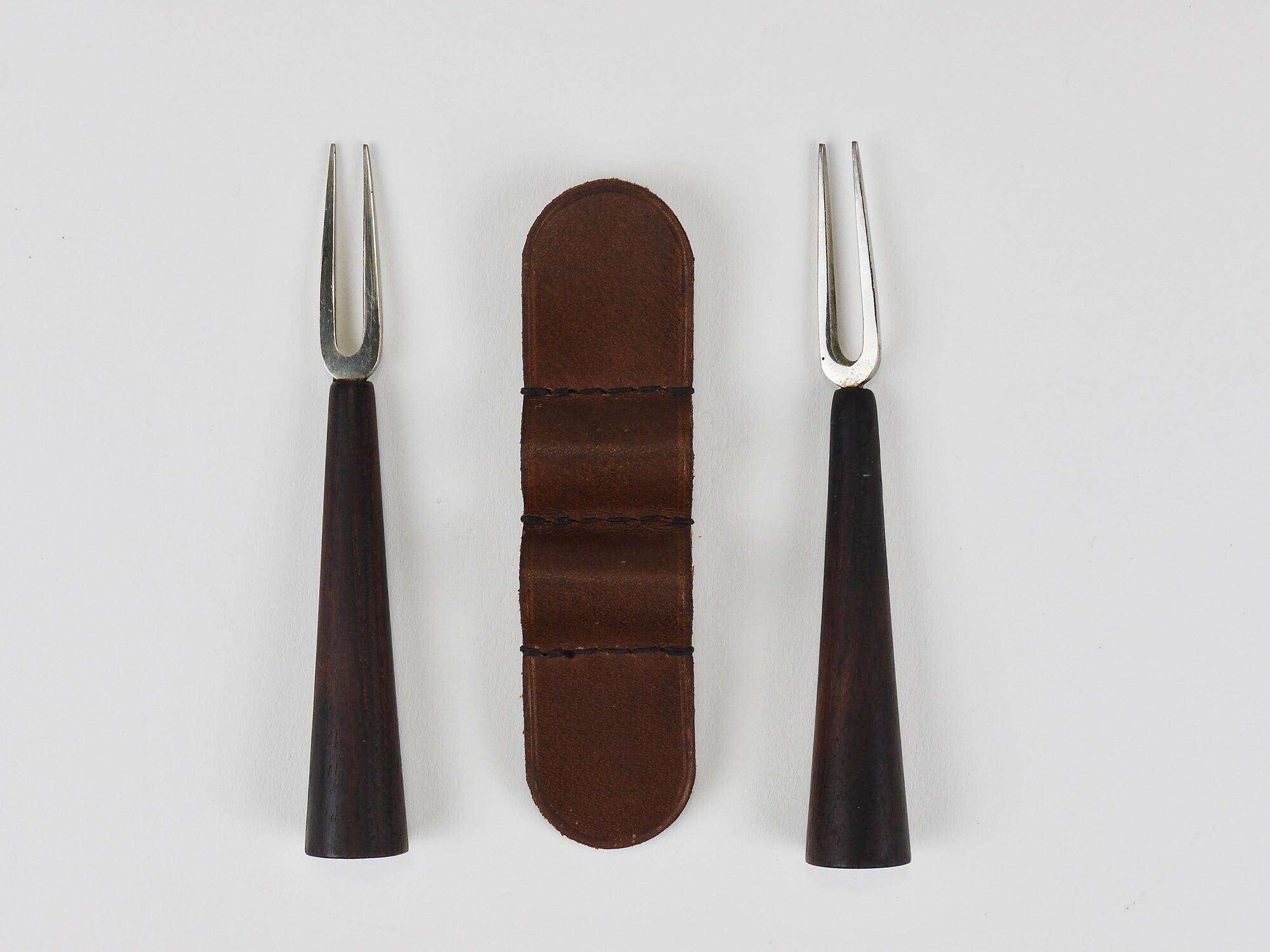 Carl Aubock Forks, Brass, Leather Holder, Corn Cob Skewers, Vienna, 1930s