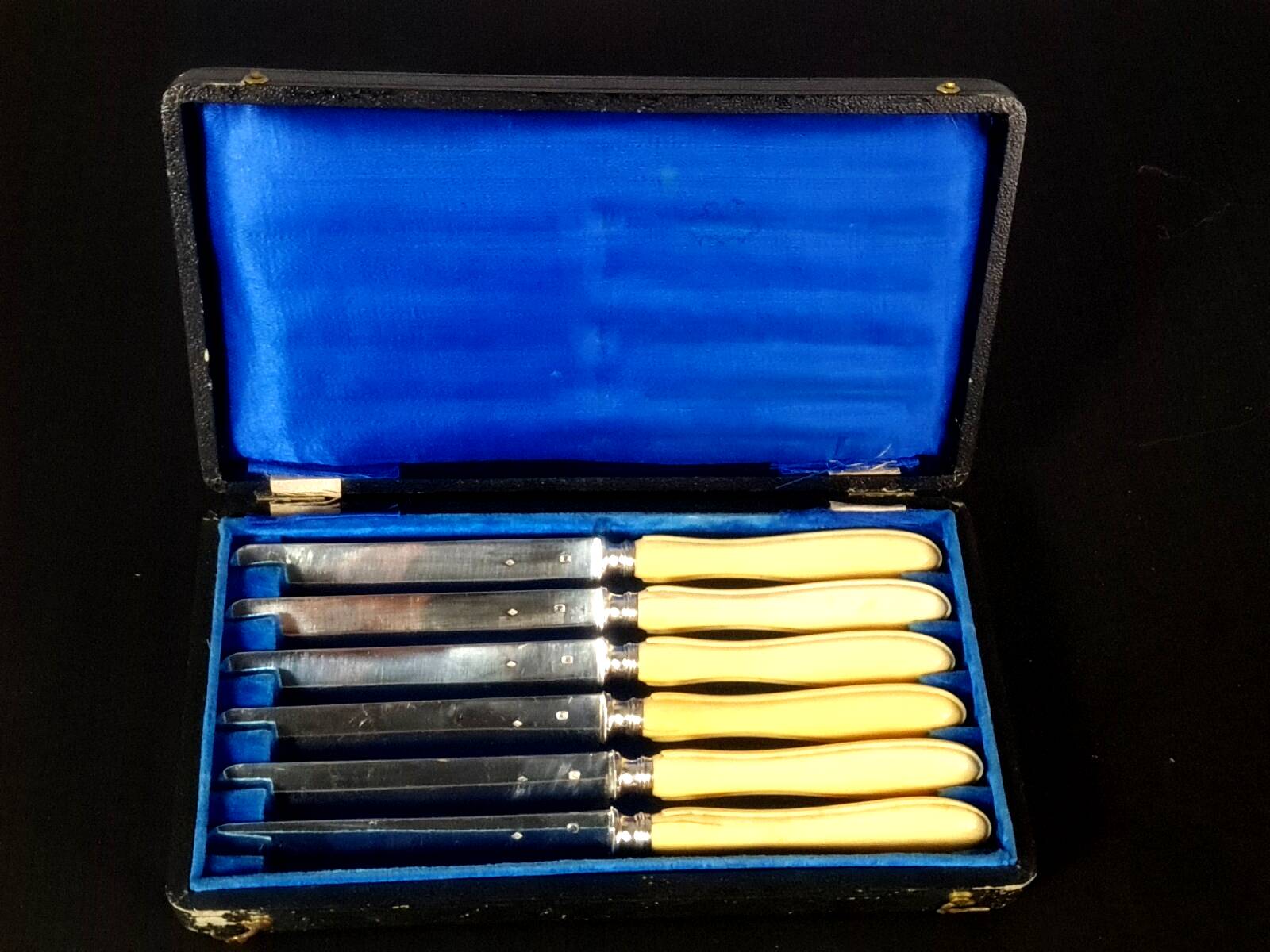 6 old silver blade knives, Hénin Cie hallmark + Minerva + case C651