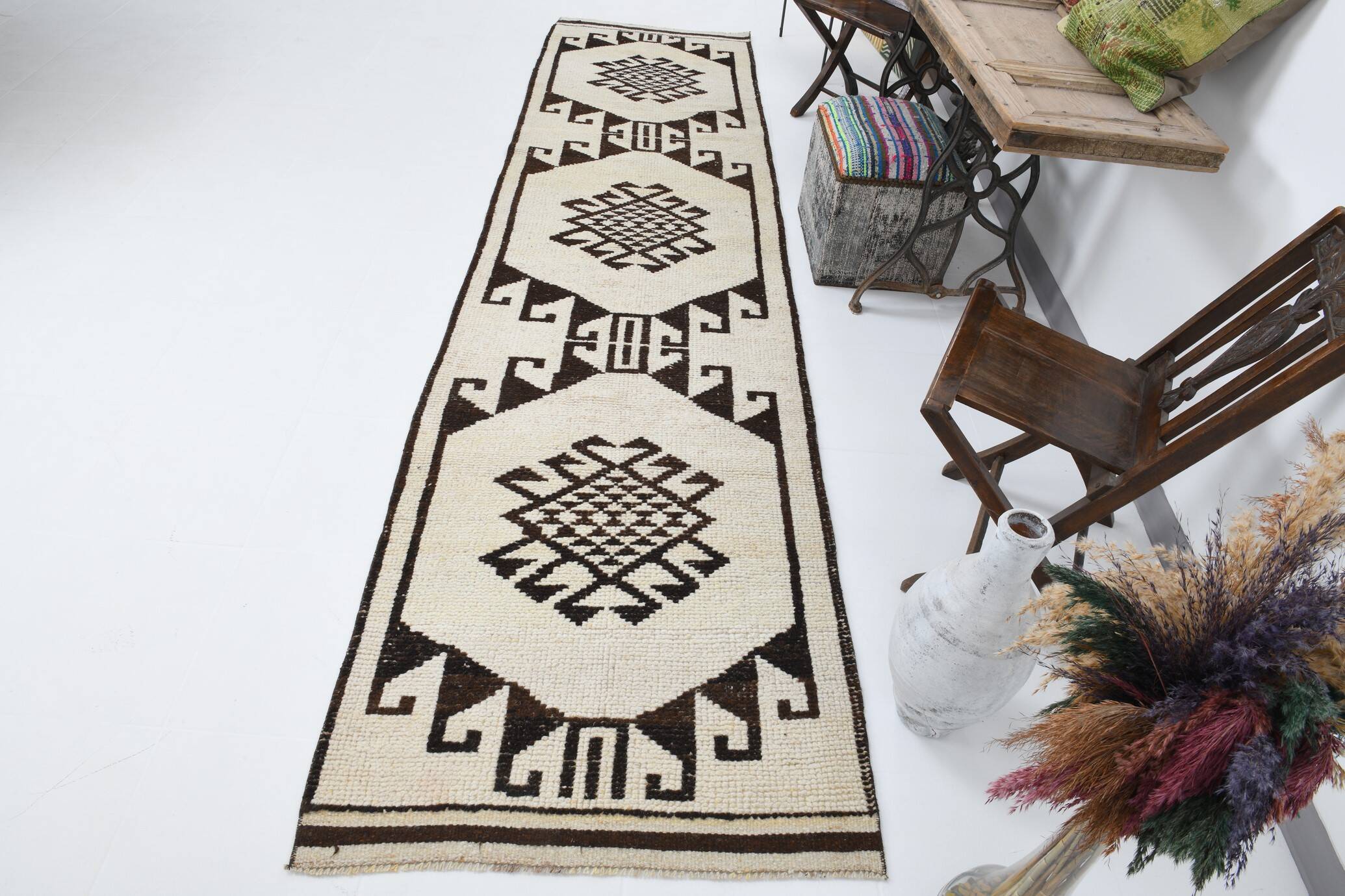 3x12 Rug For Hallway Brown Beige Turkish Runner Rug, 92x364Cm SK 18273