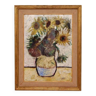 Original Swedish Oil on Panel – “Sunflowers” – Vintage & Framed  52 × 67 cm