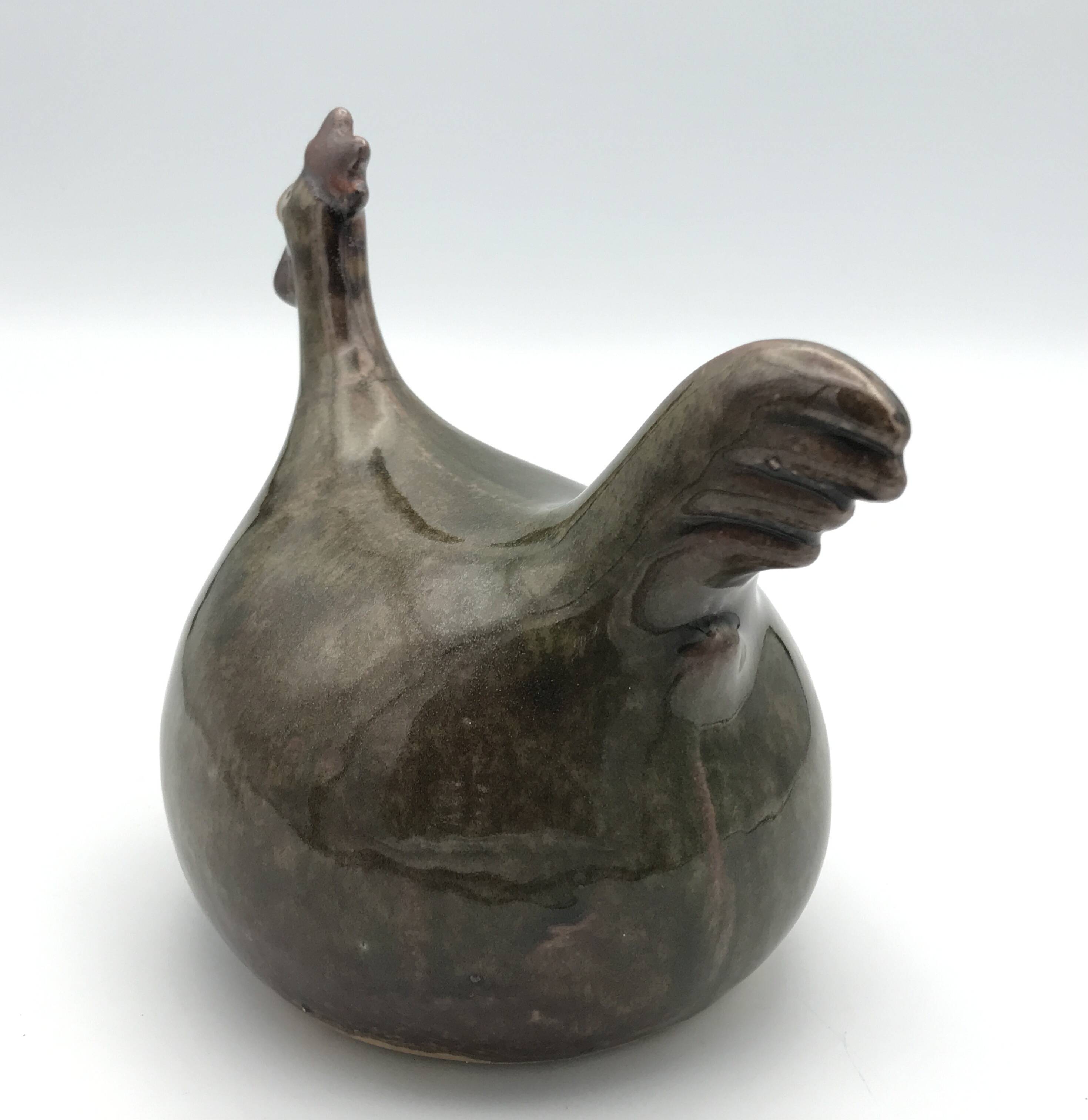 Vintage Rooster Figurine in Olive Green Glazed Stoneware with Glitter Effect 16 cm