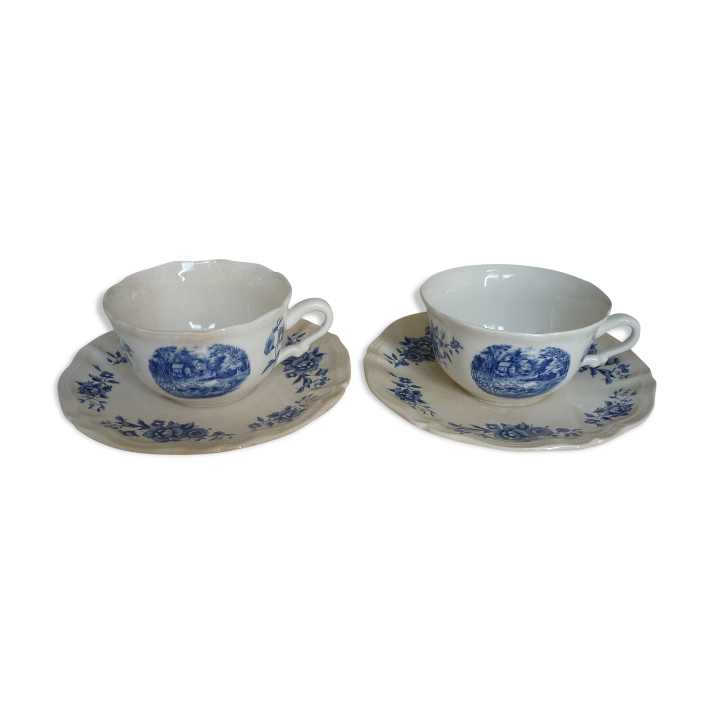 2 cups lunch earthenware of sarreguemines blue flowers